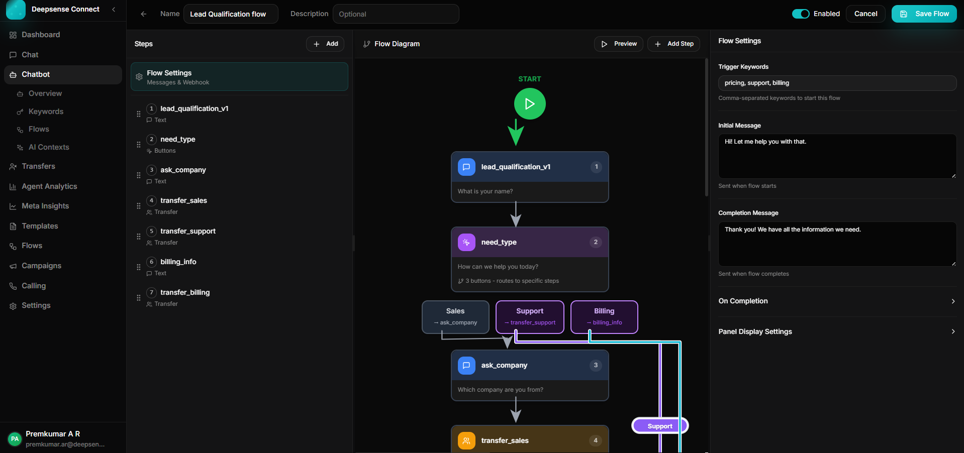Chatbot Flows screenshot