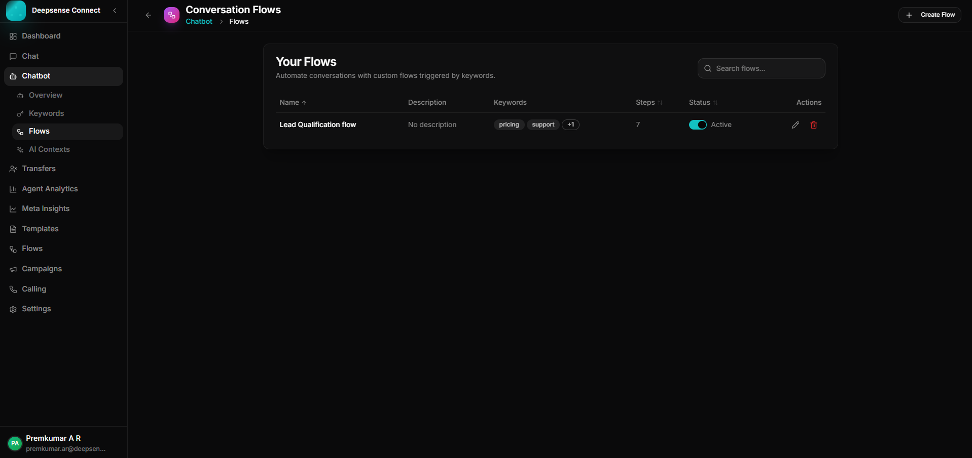 Conversation flows list with active flow and trigger keywords